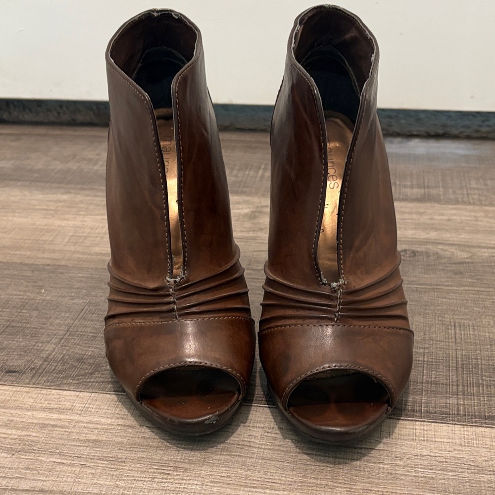 Brown Leather Peep-Toe Heeled Ankle Boots